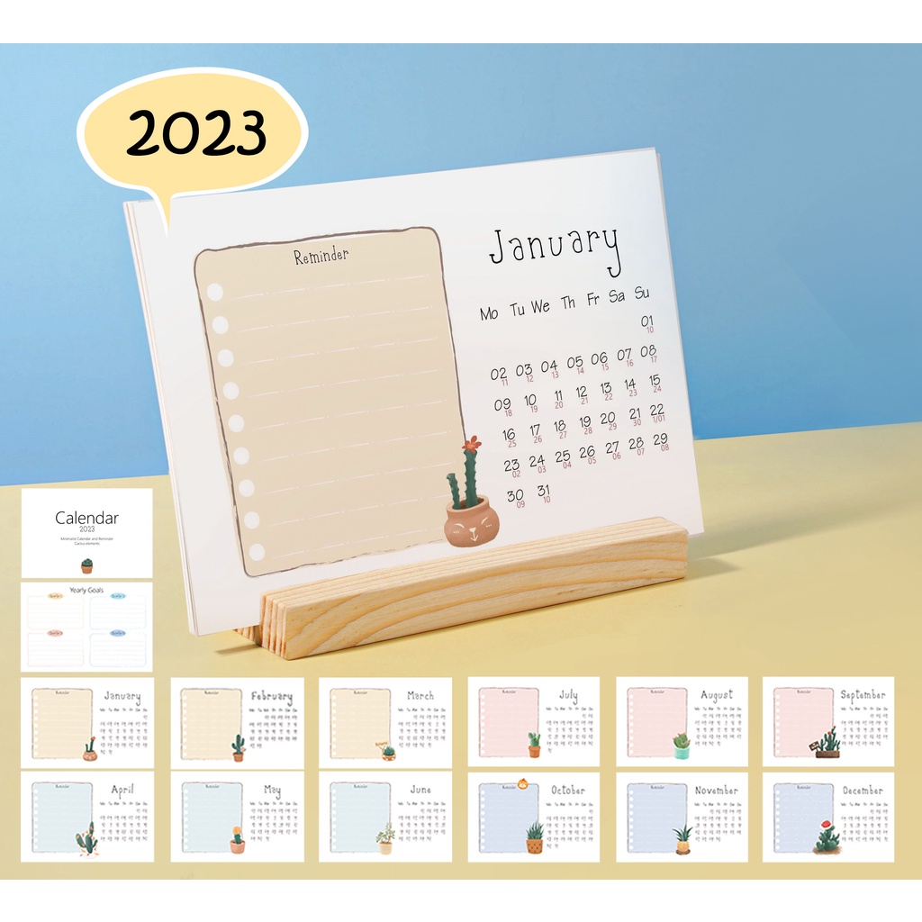 Lịch đế gỗ để bàn 2023 tối giản có kèm chỗ để note | Calendar 2023 minimalist wooden base (have the reminder for note)