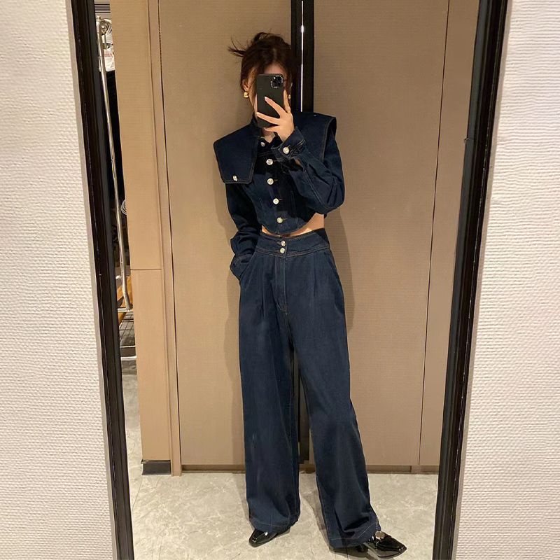 Set Áo Khoác Jeans Dài Tay + Quần Dài Denim Thời Trang Nữ