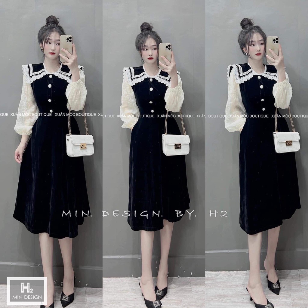 [Ảnh Thật/ Video]: Váy Nhung Thiết Kế Phối Cổ Viền Cực Xinh