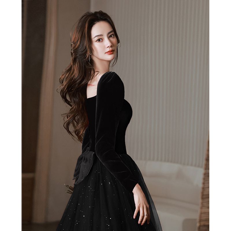 ⭐Hàng Có Sẵn Bán Chạy⭐Đầm Dự Tiệc Màu Đen Dáng Dài Kiểu Pháp Thời Trang Mùa Đông Cao Cấp