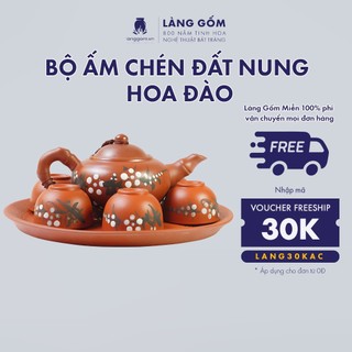 Bộ ấm chén uống trà tử sa đất nung, họa tiết hoa đào, gốm sứ Bát Tràng cao cấp - LÀNG GỐM