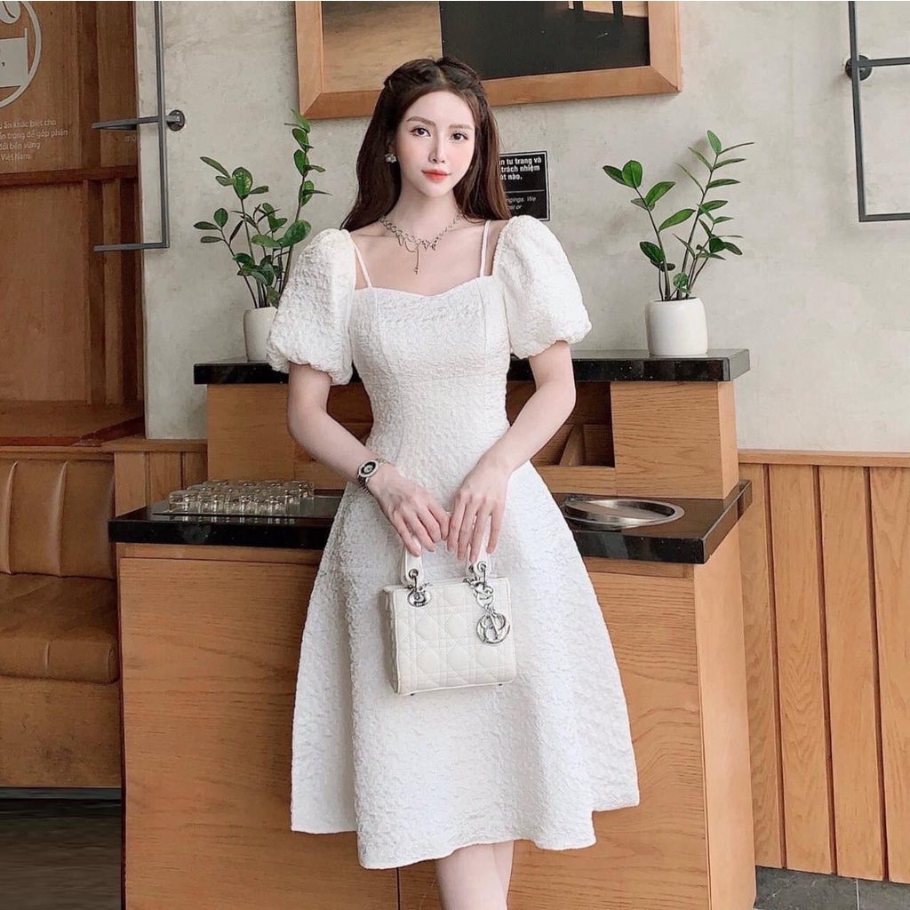 [12.12 Sales Freeship] Đầm xòe midi chất xốp dáng dài tay phồng, đầm trơn đơn giản ôm eo xòe bồng đi tiệc sang trọng