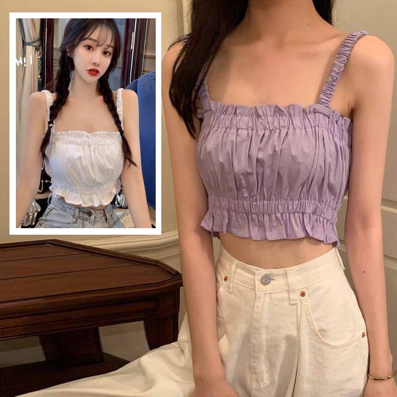 Áo kiểu nữ đũi hai dây croptop chun ngực dễ thương A015 Áo bra nữ 2 dây rút nhún trắng tím bèo ANYASHOP234