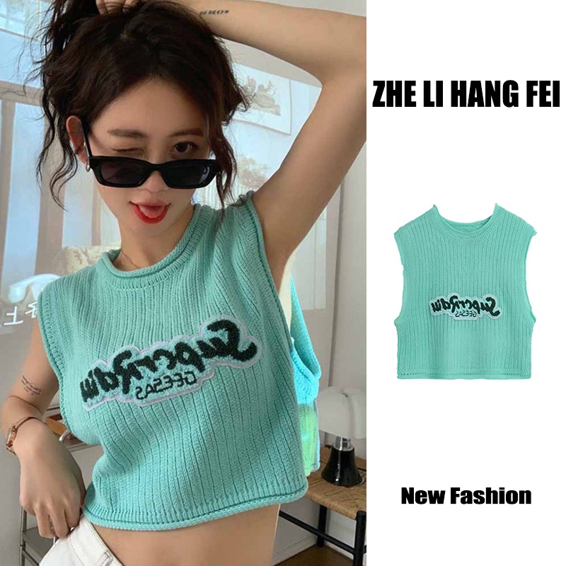 Áo ZHELIHANGFEI dệt kim sát nách dáng rộng lưng cao kiểu mỹ cá tính