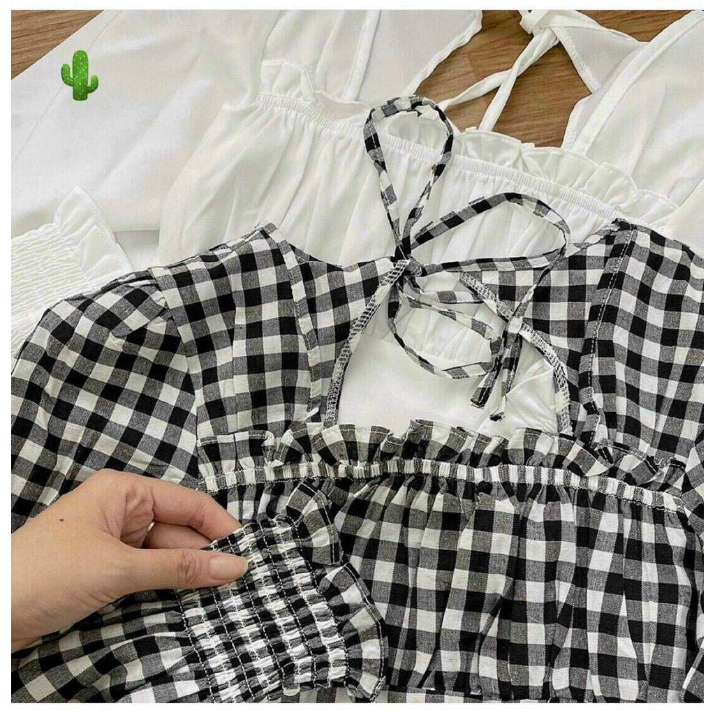 áo kiểu cổ vuông nhúm tay dài hở lưng v cột dây xinh mềm mịn