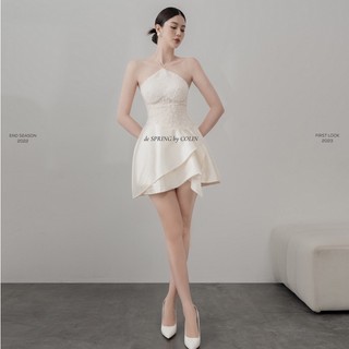 [COLIN CLOTHING] Đâm yếm ngắn nữ ren đính pha lê cườm đắp tà phi nhung