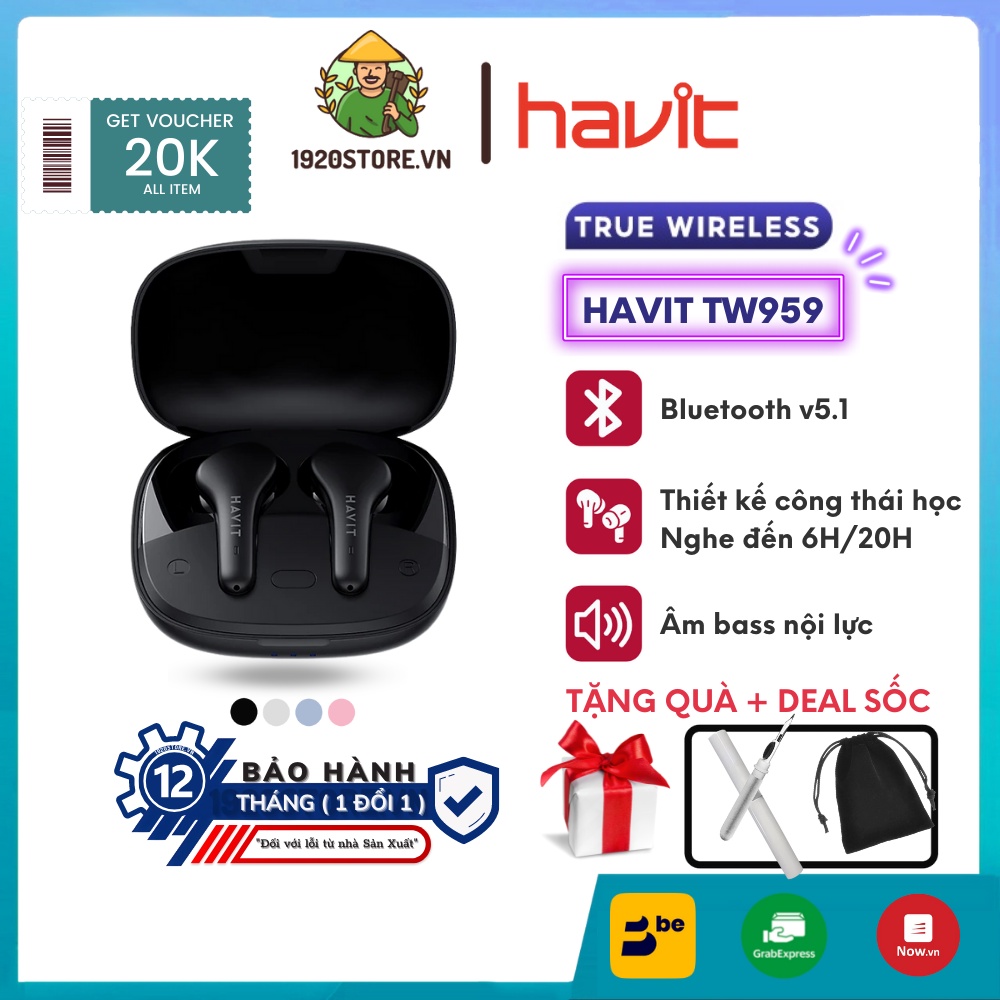 Tai Nghe TWS HAVIT TW959, Bluetooth 5.1, Độ Trễ 0.065s, Kháng Nước IPX4, Nghe Đến 20H - Chính Hãng