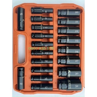 Bộ tuýp mở bulong đen dài 20 chi tiết từ 10-24mm hãng kapusi, hệ 1/2 inch, bộ khẩu 1/2