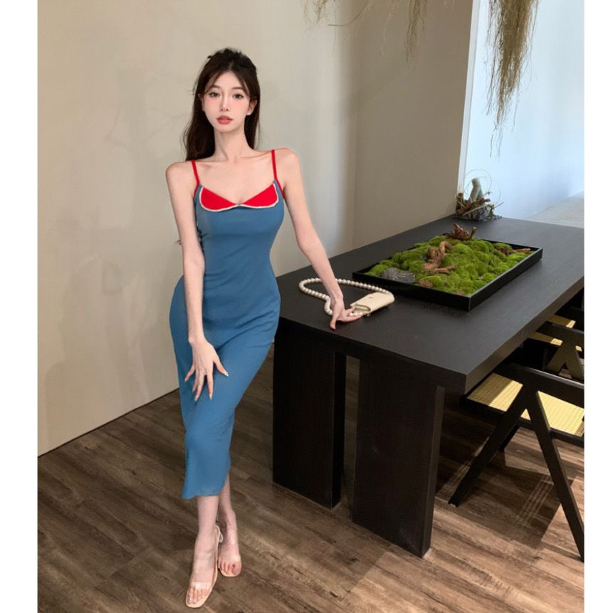 Jiashucheng Áo Khoác Ngắn Phối Váy Hai Dây Màu Sắc Tương Phản Phong Cách Retro Quyến Rũ