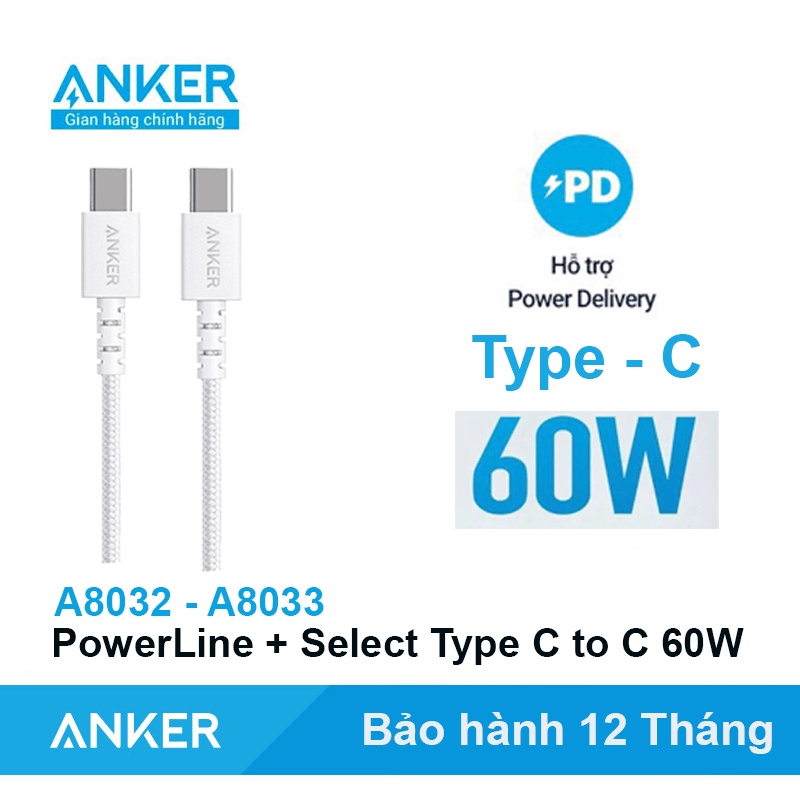 Cáp sạc ANKER Select Type C to C 60W bọc dù sạc nhanh PD - A8032 A8033 cho Laptop Macbook Air Pro M1