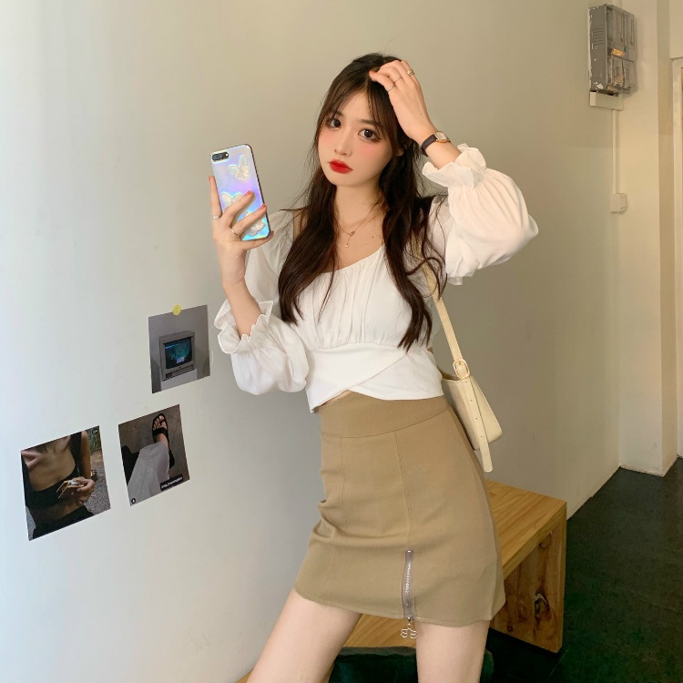 IELGY Áo Croptop Cổ Vuông Tay Dài Có Dây Cột Sau Lưng Phong Cách Hàn Quốc Cho Nữ