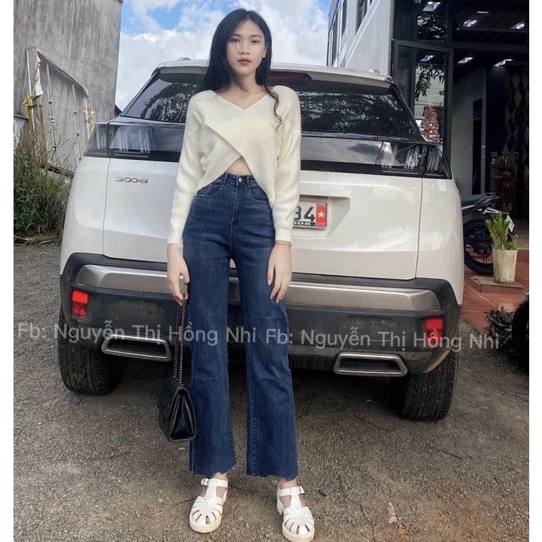 Set Baggy jeans ống suông tua lai + áo bẹt vai đắp chéo