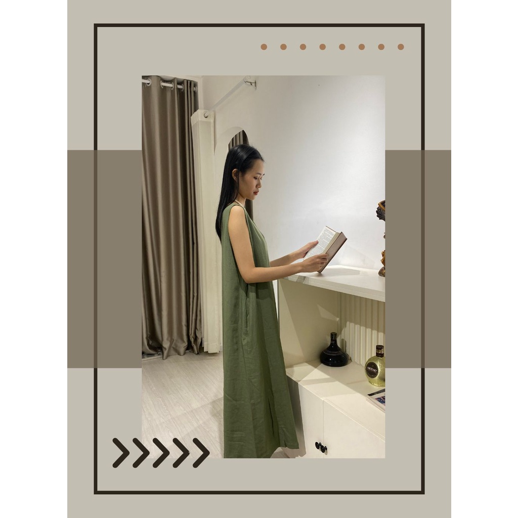 Đầm Maxi dáng suông nữ vải Linen cổ tim trước sau basic