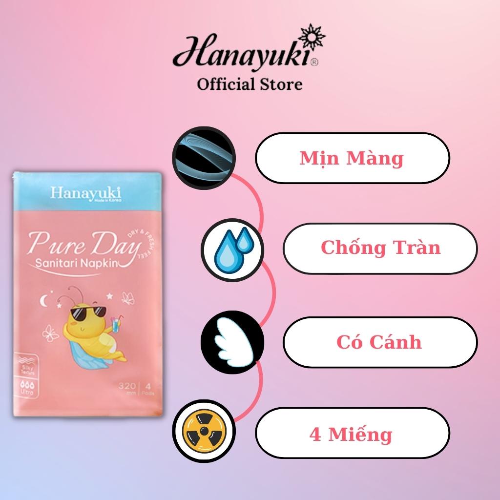 Băng Vệ Sinh Ban Đêm Pure Day Sanitary Napkin Siêu Thấm Chống Tràn Gói 4 Miếng Có Cánh Size L Hanayuki Chính Hãng