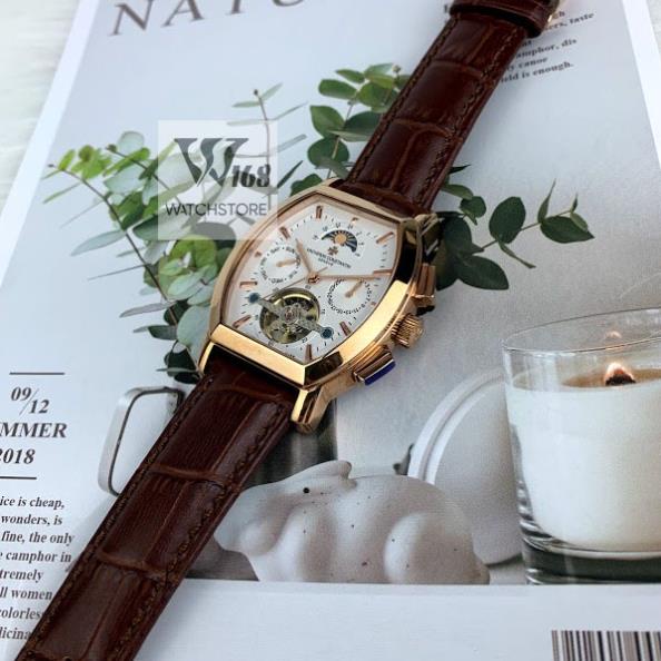 Đồng hồ Nam Vacheron máy nhật, mẫu mặt vuông lịch tuần trăng, mặt trắng viền vàng , dòng cơ Automatic size 40mm-41mm