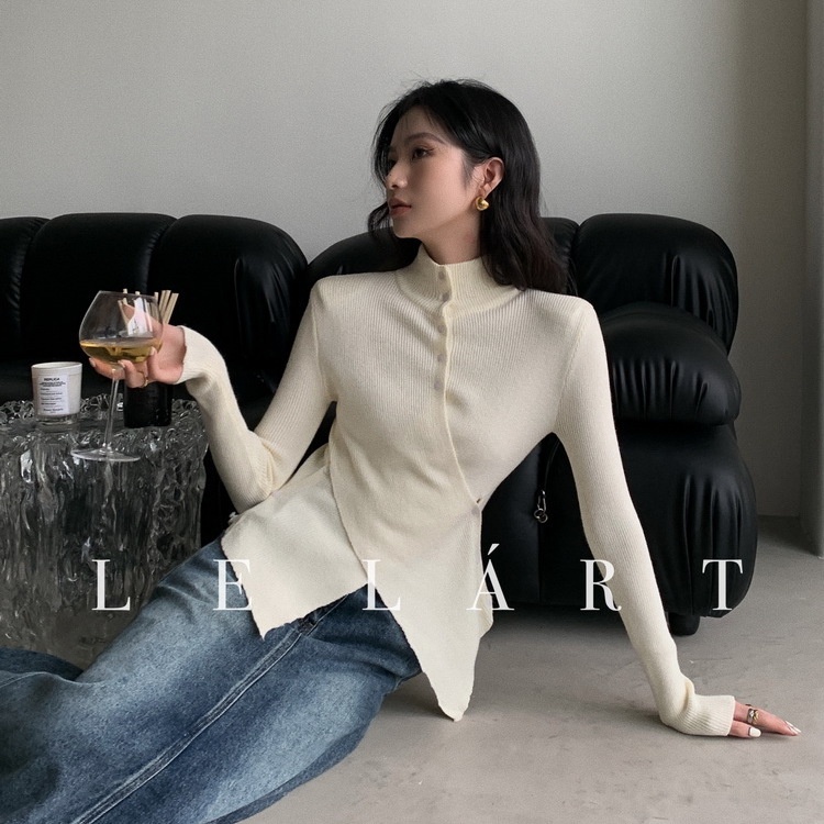 Áo thun COZOKC dệt kim tay dài cổ cao vạt chéo thời trang