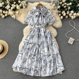 #2511 [Sẵn một số size] Đầm tay ngắn cổ sơ mi thắt nơ tiểu thư kèm thắt lưng