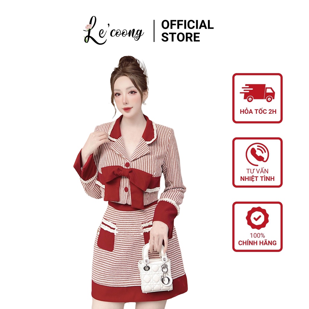 Set Bộ Chân Váy Kèm Áo Khoác Dạ Tweed LECOONG B32 Đen Đỏ Gắn Nơ Dự Tiệc Sang Chảnh