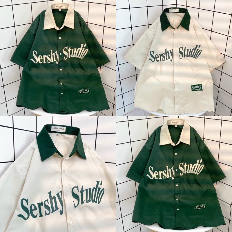 Áo Sơ Mi Cổ Bẻ kaki Chữ Sershy Studio Phối Màu - Khoác Unisex Hàn Quốc Nam Nữ Cặp Đôi