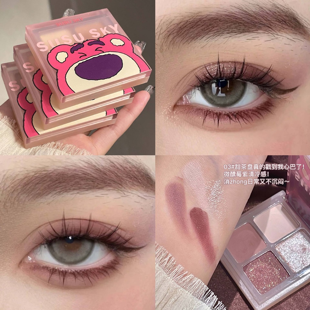 Bảng Phấn Mắt Bốn Màu Lì Và Màu Nhũ Dâu Tây Chống Thất Lạc Họa Tiết Gấu Hoạt Hình Dễ Thương