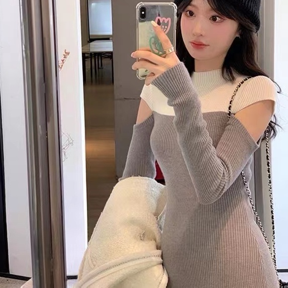 Đầm SUXI tay dài dệt kim ôm dáng phối hai màu cổ điển thời trang thu đông dành cho nữ