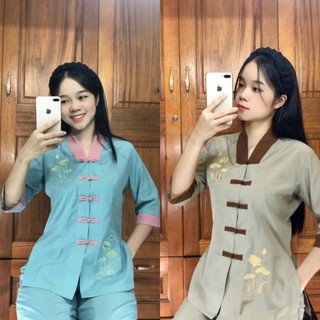 Đồ lam đi chùa mẫu nữ la hán phối vải kate truyền thống loại 1