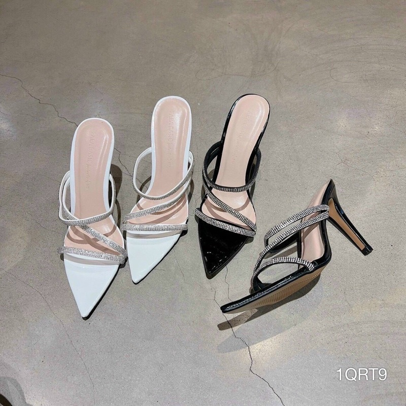 👠Ảnh Thật👠 Dép cao gót quai mảnh đá chéo mũi nhọn gót nhọn 9cm