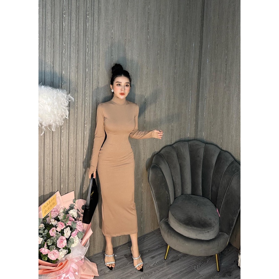 Đầm body tay dài cổ lọ xẻ sau chất thun dẻo thích hợp mặc đi làm đi chơi phù hợp với mọi phong cách