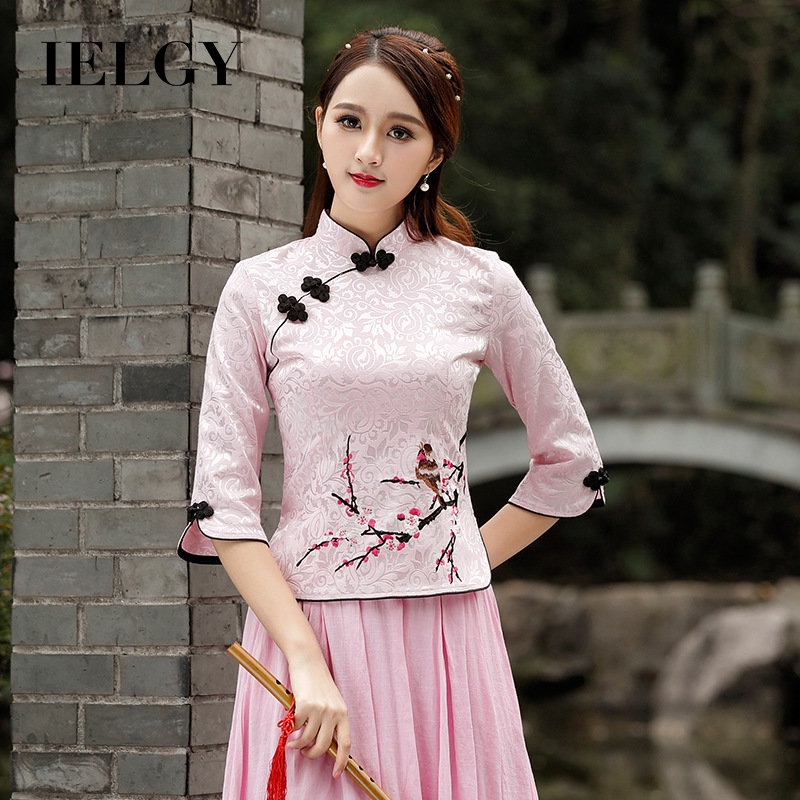 IELGY  Áo Thun Qipao Tay Dài Vừa Thêu Họa Tiết Màu Đỏ Phong Cách Trung Hoa Cổ Điển Thời Trang Cho Nữ