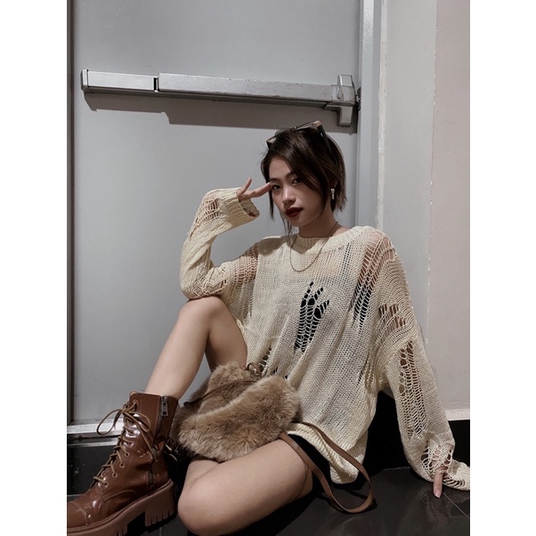 Áo Len Rách Hot Trend 2022 Áo Lưới Thu Đông Cá Tính