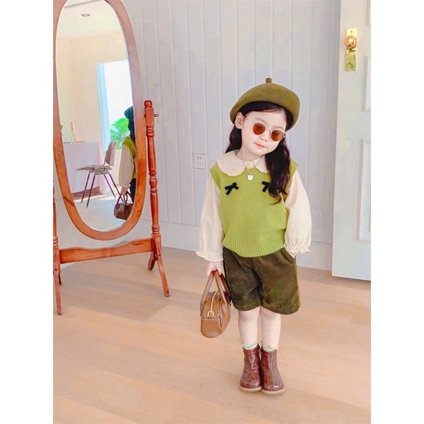 . sét 3 chi tiết áo thô mềm quần nhung kèm áo gile xanh sang chảnh cho bé gái từ 10-20kg💋 ...