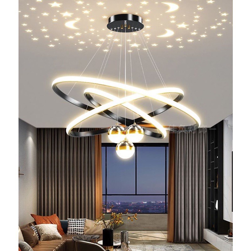 Đèn thả 3 vòng meca Led trang trí nội thất phòng ăn,phòng khách bếp ánh sáng đổi 3 màu có phản chiếu ánh sao