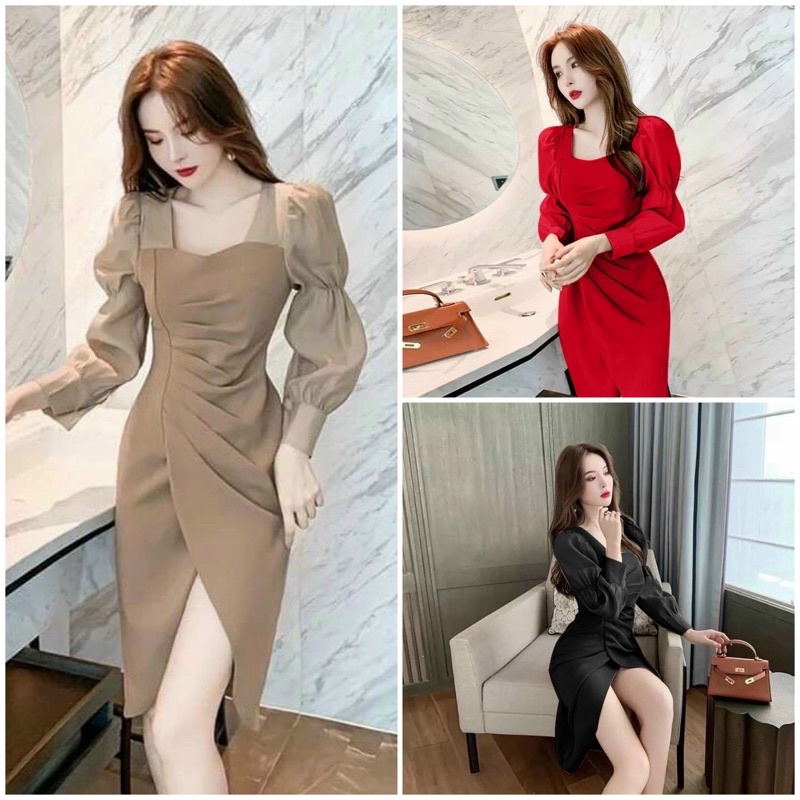 Đầm body nhúng eo tay phồng sang trọng TẶNG KÈM HOA TAI THỜI TRANG
