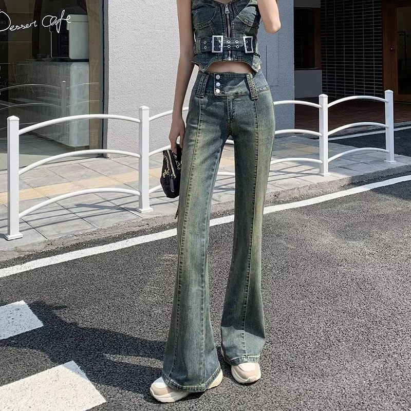 IELGY Quần denim Dài Co Giãn Màu Xanh Dương Phong Cách retro Dễ Phối Đồ Cho Nữ