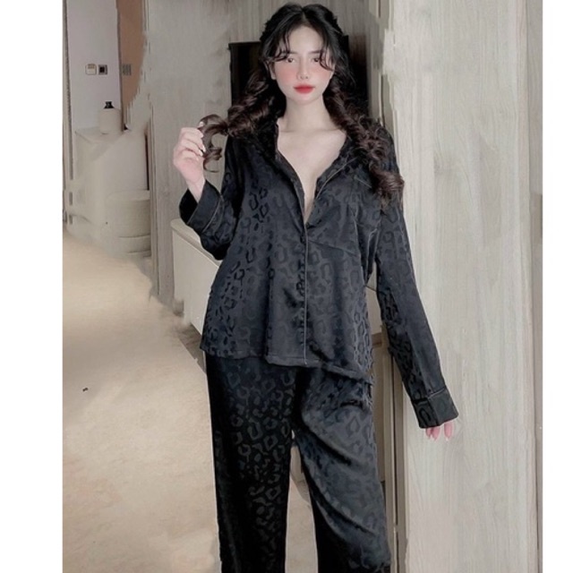 Bộ pijama lụa cao cấp Quảng Châu tay dài đen