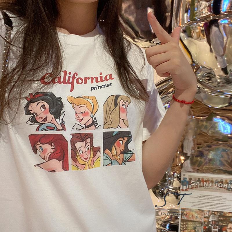 Áo Thun Tay Ngắn Cổ Tròn In Họa Tiết Hoạt Hình Và Chữ CY03 Dành Cho Nữ