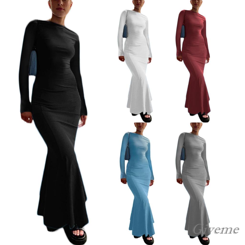 Đầm Đuôi Cá Dài Tay Hở Lưng Màu Trơn Thời Trang Nữ Tính