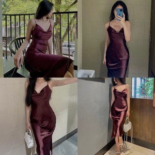 Đầm Lụa Satin Cổ Đổ Hai Dây Dáng Dài- Babiche