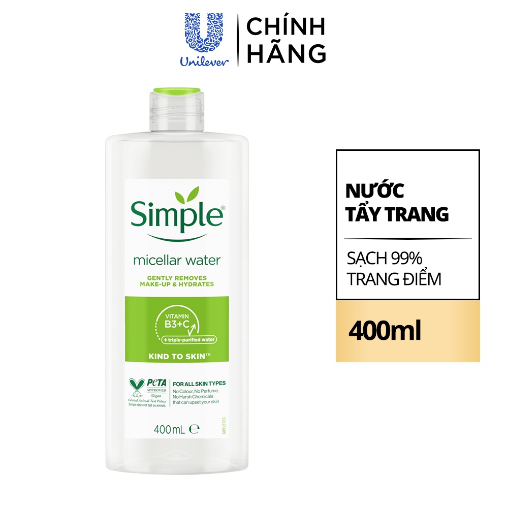 Nước tẩy trang Simple Micellar làm sạch 99% trang điểm, cho da thoáng mịn tức thì 400ml [CHAI LỚN TIẾT KIỆM 111K]