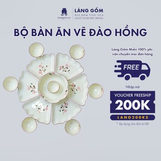 Bộ bát đĩa cao cấp hoa mặt trời, men kem vẽ hoa đào hồng, mai vàng, sen xanh, trúc chuồn - Gốm sứ Bát Tràng - LÀNG GỐM