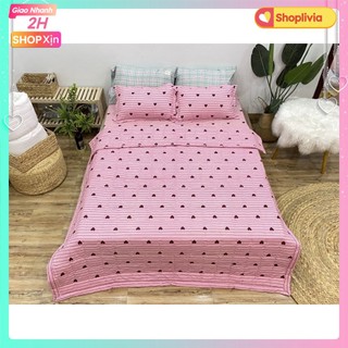 Bộ Ga Gối Poly 1m2x2m,vải poly mềm mịn-mẫu tim kẻ hồng
