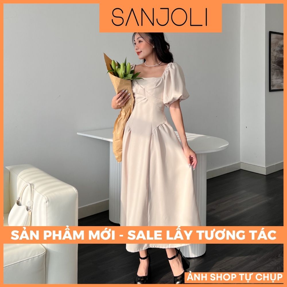 Váy Tết Maxi Tay Phồng SANJOLI Đầm Dự Tiệc Tiểu Thư Thiết Kế Cổ Vuông Dáng Dài Chữ A Sang Trọng Màu Kem Đen VD001