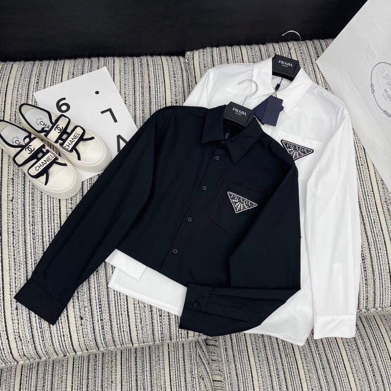 Áo sơ mi dài tay 2 màu đen trắng logo Prada thời trang cao cấp 2023