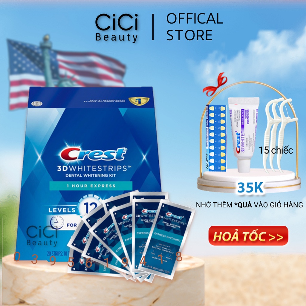 FullBox Hộp 10 Gói Miếng dán trắng răng Crest 3D White 1 Hour Express - Làm trắng răng cấp tốc 1 giờ