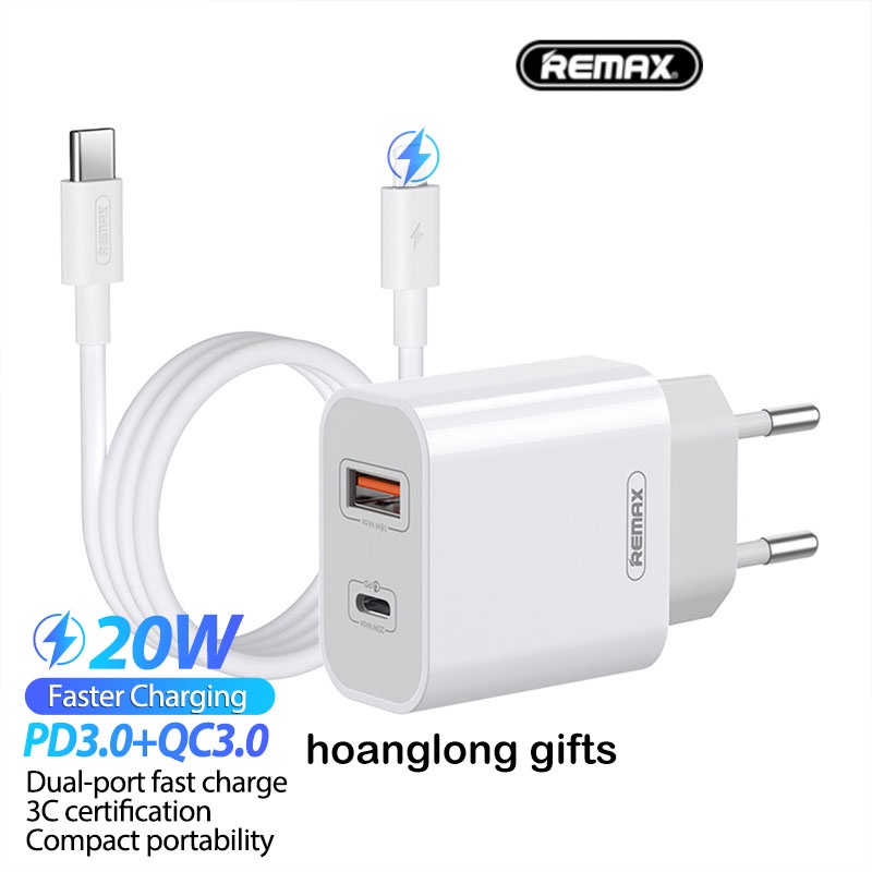 Bộ củ cáp sạc nhanh pd 20w Remax 2 cổng Usb/Type C chính hãng