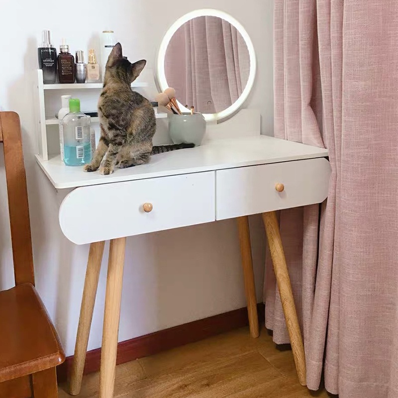 Bàn trang điểm LED 2 ngăn kéo, phong cách hiện đại, 2 màu Trắng - Vân Gỗ trang nhã (Mã AK02) | BigBuy360 - bigbuy360.vn