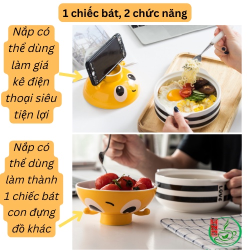 Bát Ăn Mì Có Nắp, Bát Ô Tô Sứ, Chất Men Sứ Xịn Dày Dặn,Thiết Kế Hình Con Ong Độc Đáo, Dung Tích 720ml