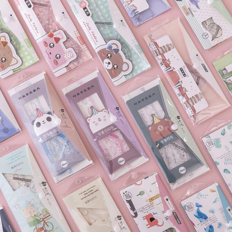 Thước Kẻ Cute Bộ Full Combo 4 Món Có Túi Đựng Họa Tiết Dễ Thương Cho Học Sinh - Vy Shop