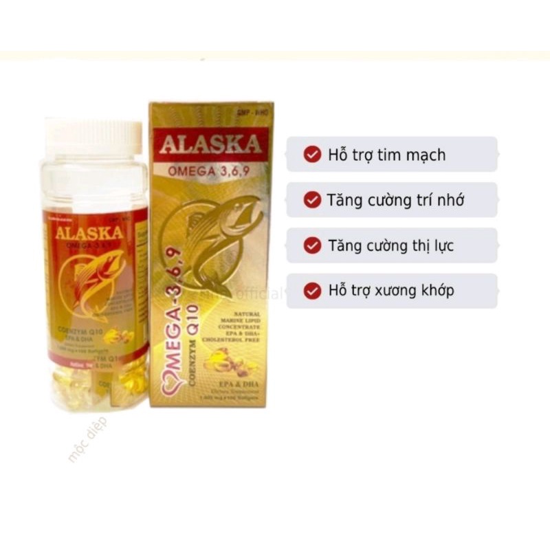 Viên dầu cá Alaska Omega 369 giúp bổ não, sáng mắt, khỏe tim mạch, tăng sức đề kháng.Quy cách: Chai 100 viên