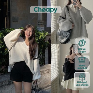 Áo len cổ tim, áo len nữ dài tay oversize freesize phom rộng xẻ vạt hàng quảng châu cá tính mùa đông Cheapy C1217